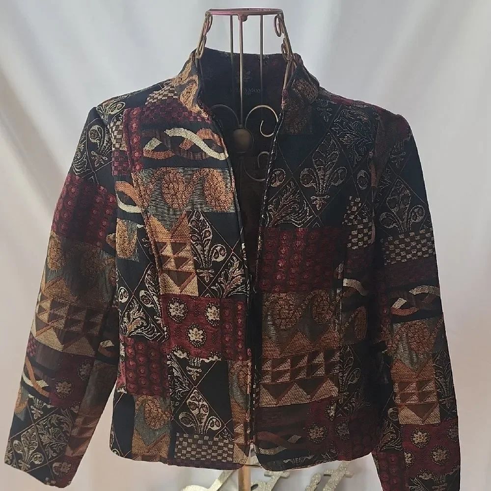 Lightweight Tapestry Patchwork Zippered Blazer Jacket Size PL
